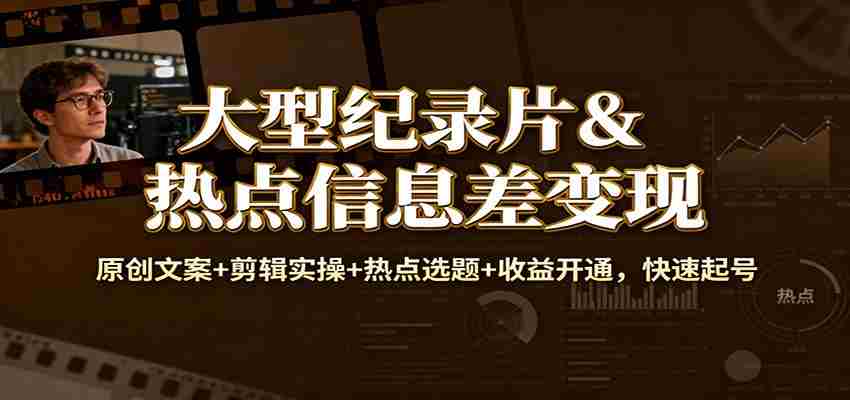 大型纪录片&热点信息差变现：原创文案+剪辑实操+热点选题+收益开通，快速起号-金启