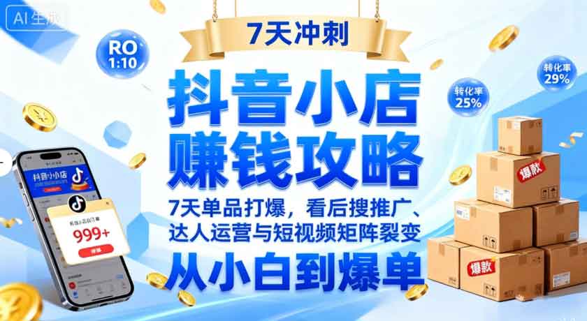 抖音小店赚钱攻略：7天单品打爆技巧，看后搜推广、达人运营与短视频矩阵裂变实战-金启