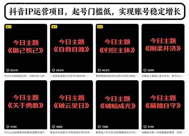 抖音IP运营项目，抖音今日主题玩法，起号门槛低，实现账号稳定增长-金启