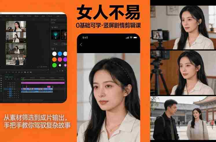 0基础可学！《女人不易》竖屏剧情剪辑课，从素材筛选到成片输出，手把手教你驾驭复杂故事-金启