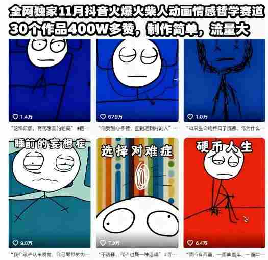 全网独家11月抖音火爆火柴人动画情感哲学赛道，30个作品400W多赞，制作简单，流量大【教学+素材】-金启