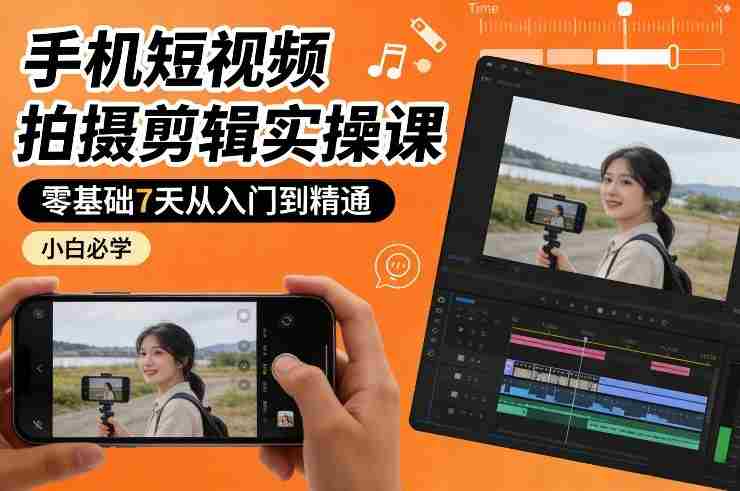 手机短视频拍摄剪辑实操课，零基础7天从入门到精通，小白必学-金启