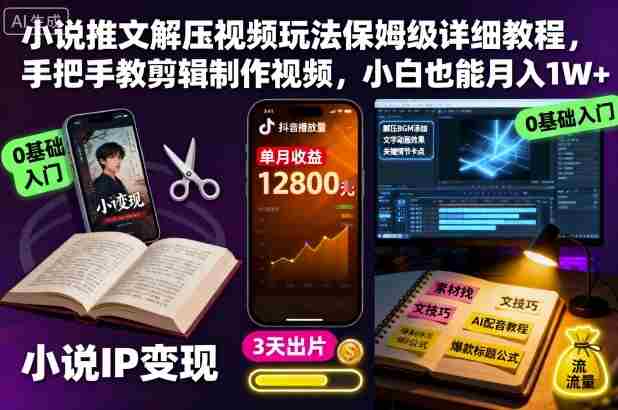 小说推文解压视频玩法保姆级详细教程,手把手教剪辑制作视频,小白也能月入1W+-金启