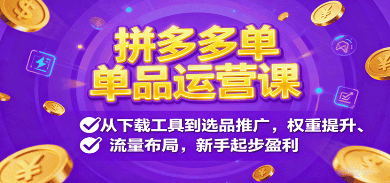 拼多多单品运营课，从下载工具到选品推广，权重提升、流量布局，新手起步盈利-金启