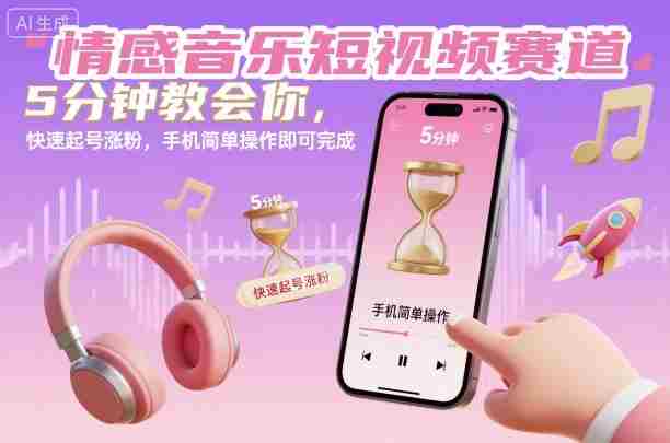 情感音乐短视频赛道，5分钟教会你，快速起号涨粉，手机简单操作即可完成-金启