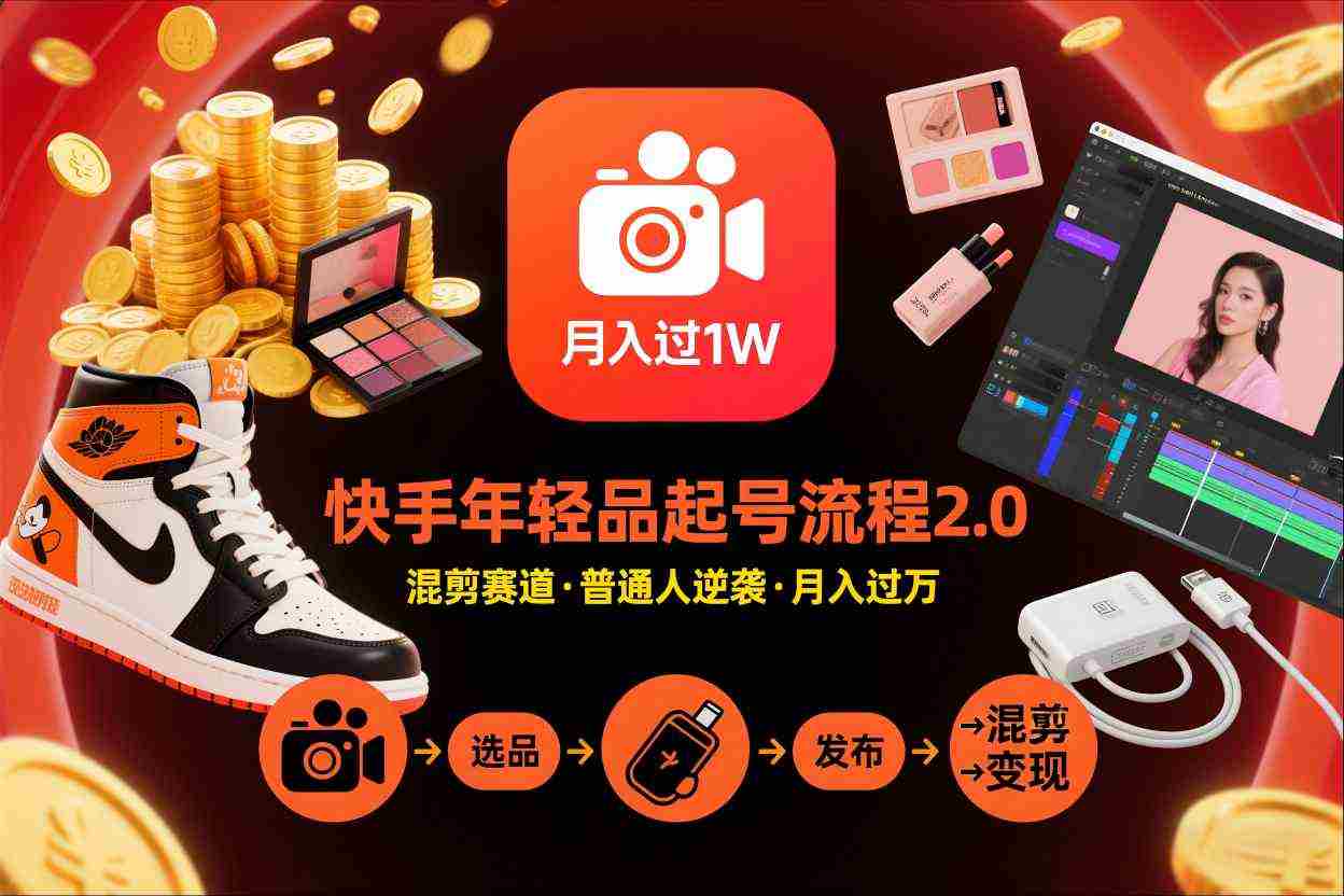 快手短视频带货年轻品起号流程2.0，快手年轻品混剪赛道，普通人也能月入过1W-金启