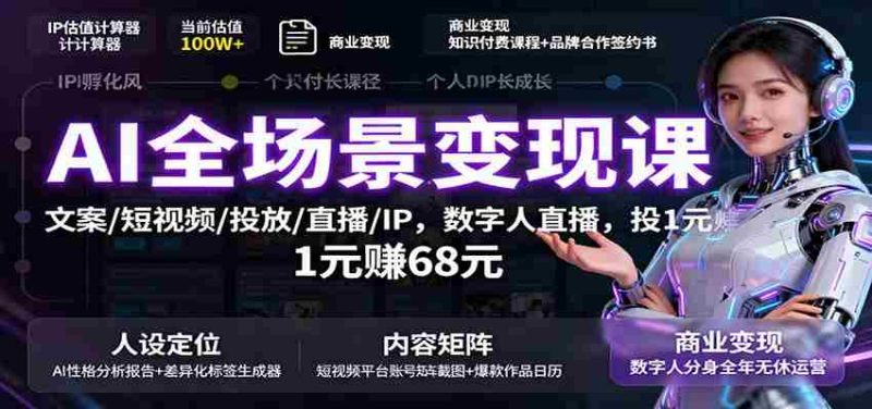 AI全场景变现课：文案/短视频/投放/直播/IP，数字人直播，投1元赚68元-金启