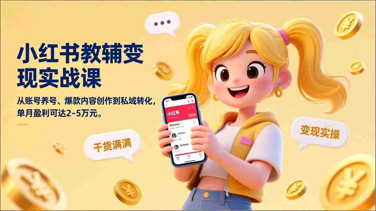 （17334期）小红书教辅变现实战课，从账号养号、爆款内容创作到私域转化，单月盈利可达2-5万元-金启