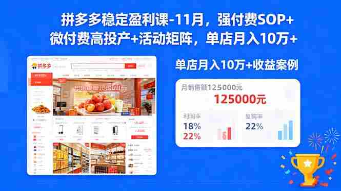 （16557期）拼多多稳定盈利课-11月，强付费SOP+微付费高投产+活动矩阵，单店月入10w+-金启