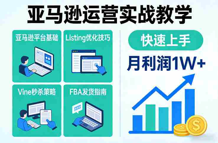 亚马逊运营实战教学，亚马逊平台+Listing优化+Vine秒杀+FBA发货等，快速上手，实现店铺月利润1W-金启