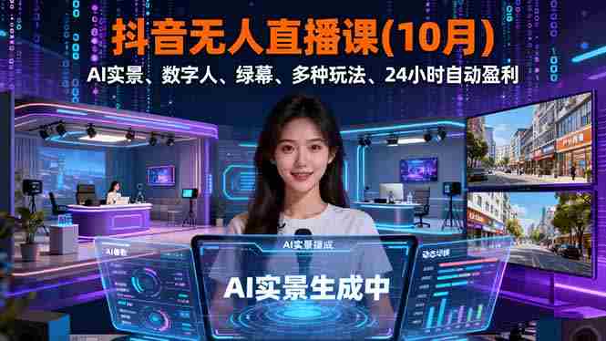 （16355期）抖音无人直播课(10月)，AI实景、数字人、绿幕、多种玩法、24小时自动盈利-金启