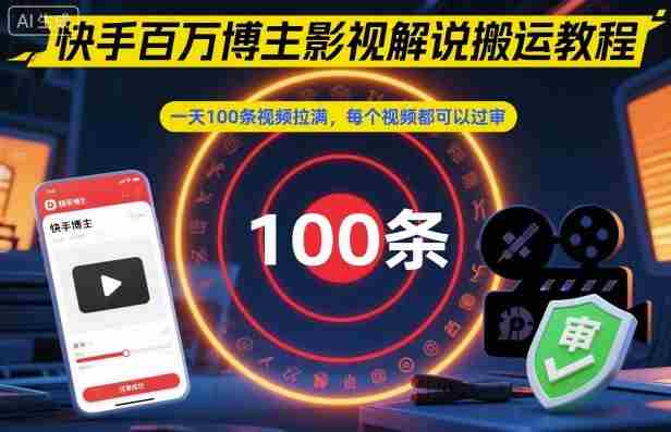 快手百万博主影视解说搬运教程，一天100条视频拉满，每个视频都可以过审-金启