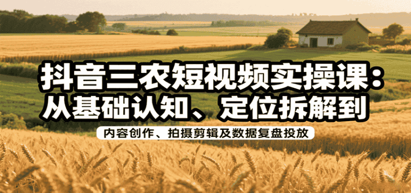 抖音三农短视频实操课：从基础认知、定位拆解到内容创作、拍摄剪辑及数据复盘投放-金启