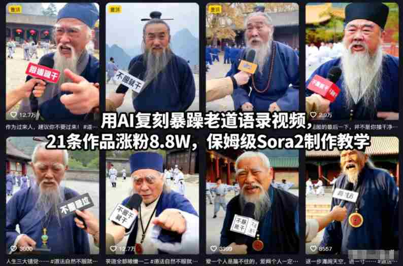 用AI复刻暴躁老道语录视频，21条作品涨粉8.8W，保姆级Sora2制作教学-金启