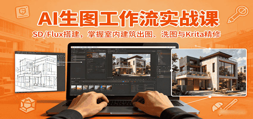 AI生图工作流实战课：SD/Flux搭建，掌握室内建筑出图、洗图与Krita精修-金启