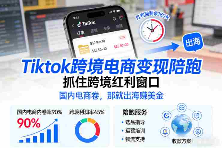 Tiktok跨境电商变现陪跑，抓住跨境红利窗口，国内电商卷，那就出海賺美金-金启