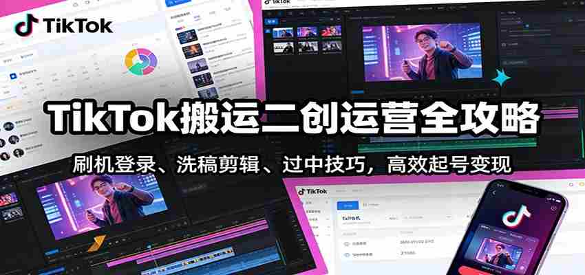TikTok搬运二创运营全攻略：刷机登录、洗稿剪辑 、过中技巧，高效起号变现-金启