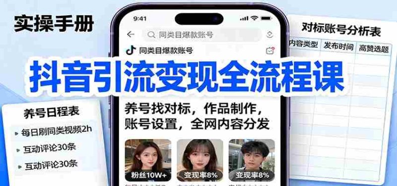 抖音引流变现全流程课：养号找对标，作品制作，账号设置，全网内容分发-金启
