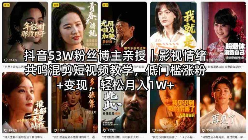 抖音53W粉丝博主亲授|影视情绪共鸣混剪短视频教学,低门槛涨粉+变现,轻松月入1W+-金启创业网 - 网上赚钱方法教程大全 - www.jinqi6.top