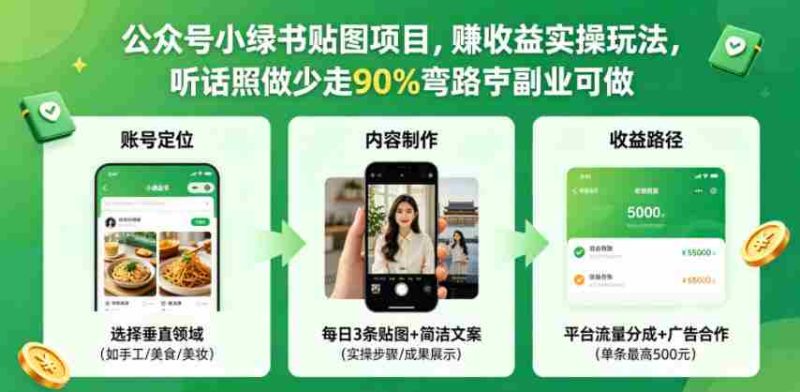公众号小绿书贴图项目,赚收益实操玩法,听话照听话照少走90%弯路丨副业可做-金启创业网 - 网上赚钱方法教程大全 - www.jinqi6.top