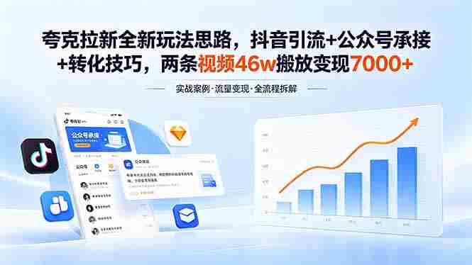 （18416期）夸克拉新全新玩法思路，抖音引流+公众号承接+转化技巧，两条视频46w搬放 变现7000+-金启创业网 - 网上赚钱方法教程大全 - www.jinqi6.top