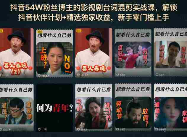 抖音54W粉丝博主的影视剧台词混剪实战课,解锁抖音伙伴计划+精选独家收益,新手零门槛上手-金启创业网 - 网上赚钱方法教程大全 - www.jinqi6.top