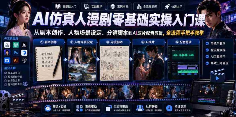 AI仿真人漫剧零基础实操入门课,从剧本创作、人物场景设定、分镜脚本到AI成片配音剪辑,全流程手把手教学-金启创业网 - 网上赚钱方法教程大全 - www.jinqi6.top