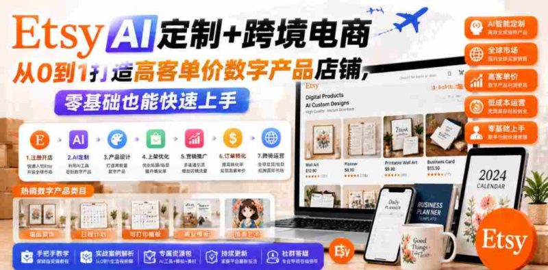 Etsy AI定制+跨境电商，从0到1打造高客单价数字产品店铺，零基础也能快速上手-金启创业网 - 网上赚钱方法教程大全 - www.jinqi6.top