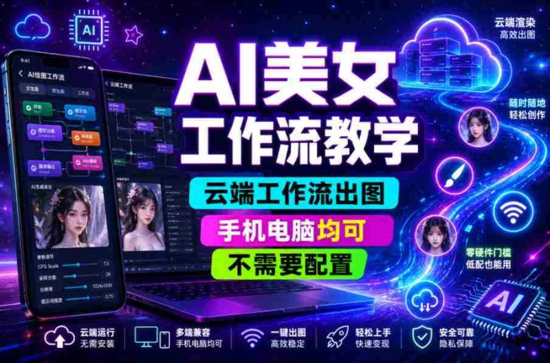 AI美女工作流教学,云端工作流出图,手机电脑均可,不需要配置,快速起号涨粉-金启创业网 - 网上赚钱方法教程大全 - www.jinqi6.top
