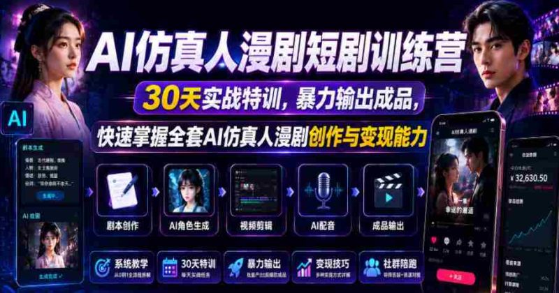 AI仿真人漫剧短剧训练营，30天实战特训，暴力输出成品，快速掌握全套AI仿真人漫剧创作与变现能力-金启创业网 - 网上赚钱方法教程大全 - www.jinqi6.top
