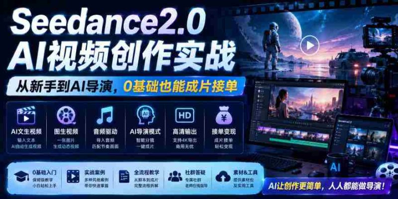 Seedance2.0 AI视频创作实战，从新手到AI导演，0基础也能成片接单变现-金启创业网 - 网上赚钱方法教程大全 - www.jinqi6.top