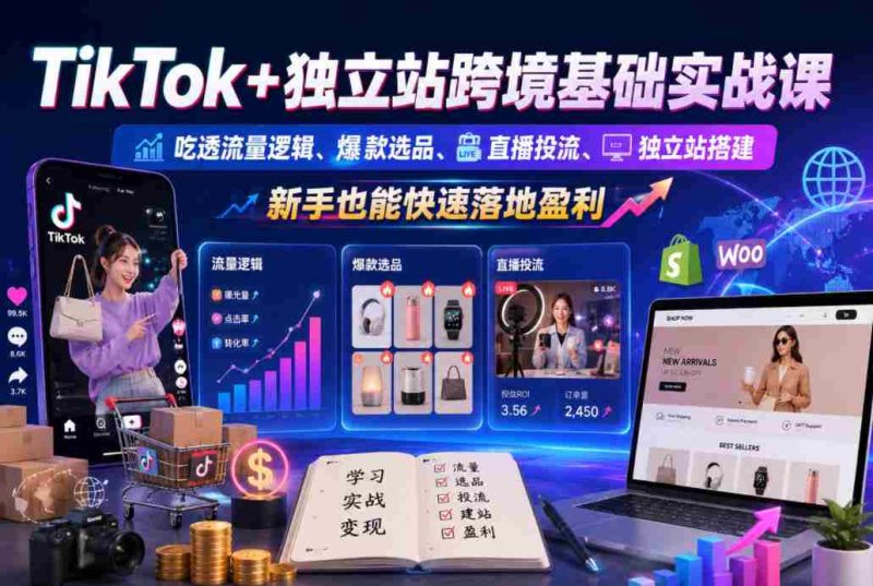 TikTok+独立站跨境基础实战课，吃透流量逻辑、爆款选品、直播投流与独立站搭建，新手也能快速落地盈利-金启创业网 - 网上赚钱方法教程大全 - www.jinqi6.top