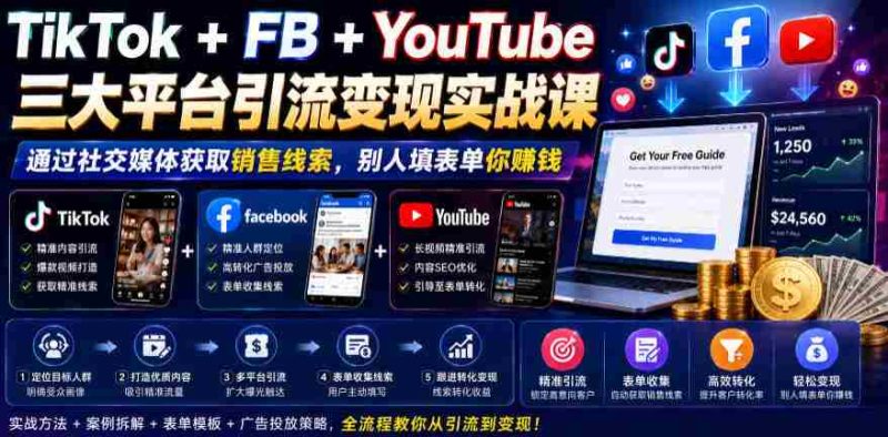 TikTok+FB+YouTube三大平台引流变现实战课，通过社交媒体获取销售线索，别人填表单你賺钱【原创双语字幕】-金启创业网 - 网上赚钱方法教程大全 - www.jinqi6.top