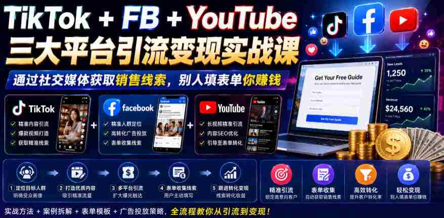 TikTok+FB+YouTube三大平台引流变现实战课，通过社交媒体获取销售线索，别人填表单你賺钱【原创双语字幕】-金启创业网 - 网上赚钱方法教程大全 - www.jinqi6.top