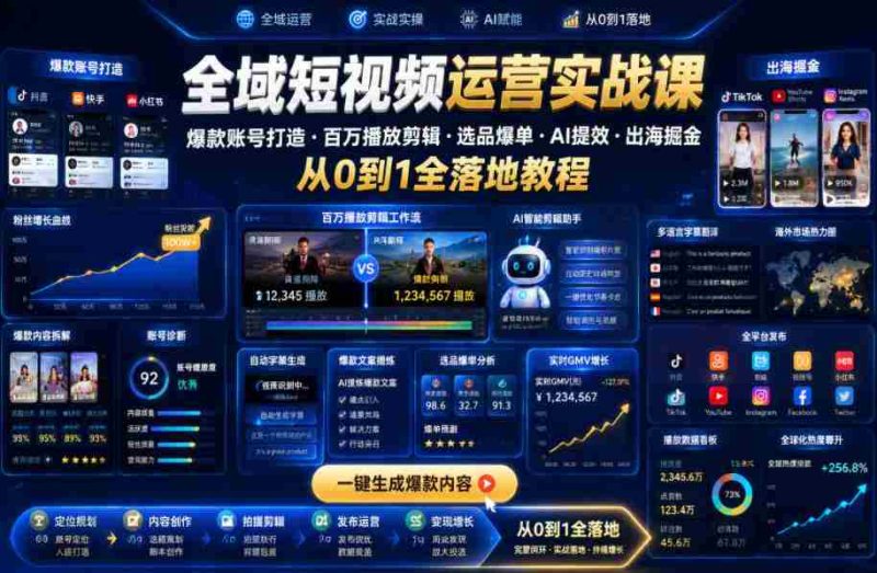 全域短视频运营实战课,爆款账号打造・百万播放剪辑・选品爆单・AI提效・出海掘金,从0到1全落地教程-金启创业网 - 网上赚钱方法教程大全 - www.jinqi6.top
