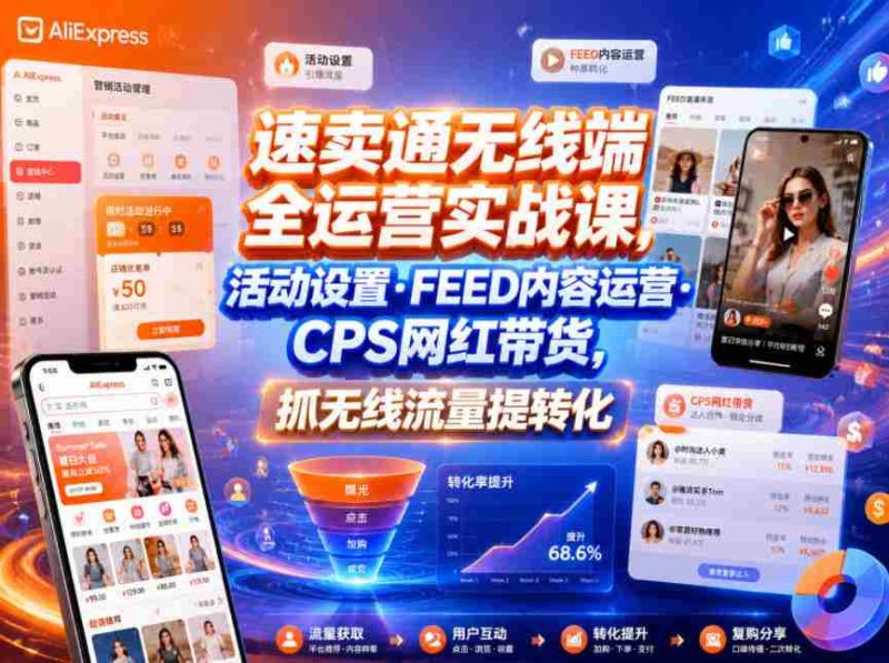 速卖通无线端全运营实战课,活动设置・FEED内容运营・CPS网红带货,抓无线流量提转化-金启创业网 - 网上赚钱方法教程大全 - www.jinqi6.top