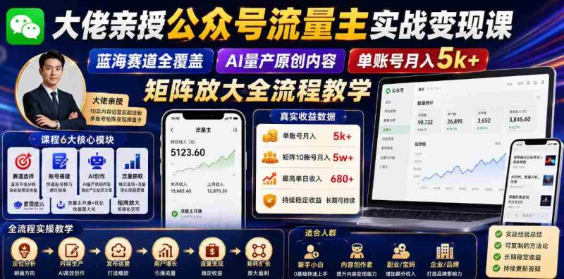 大佬亲授公众号流量主实战变现课,蓝海赛道全覆盖,AI量产原创内容,单账号月入5k+矩阵放大全流程教学-金启创业网 - 网上赚钱方法教程大全 - www.jinqi6.top