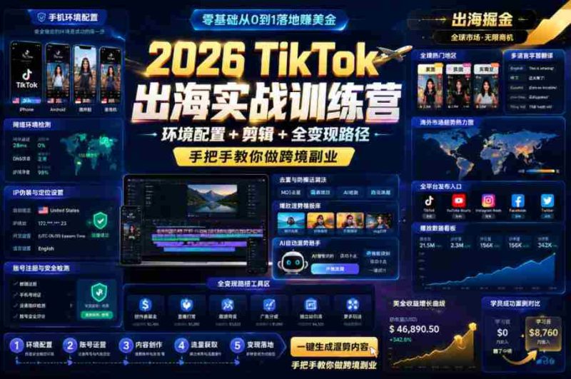 2026 TikTok出海实战训练营,环境配置 + 剪辑 + 全变现路径,手把手教你做跨境副业-金启创业网 - 网上赚钱方法教程大全 - www.jinqi6.top