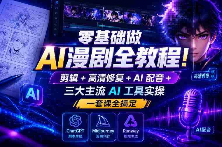零基础做AI漫剧全教程!剪辑+高清修复+AI配音+三大主流AI工具实操,一套课全搞定-金启创业网 - 网上赚钱方法教程大全 - www.jinqi6.top