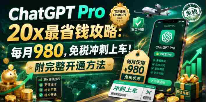 (18790期)ChatGPT Pro 20x 最省钱攻略:每月980,免税冲刺上车!附完整开通方法-金启创业网 - 网上赚钱方法教程大全 - www.jinqi6.top