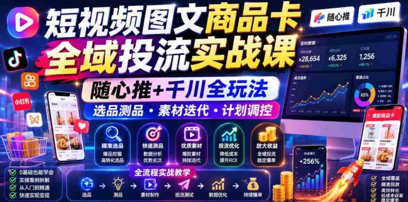 短视频图文商品卡全域投流实战课,随心推+千川全玩法,选品测品・素材迭代・计划调控,提升ROI爆单增收教程-金启创业网 - 网上赚钱方法教程大全 - www.jinqi6.top
