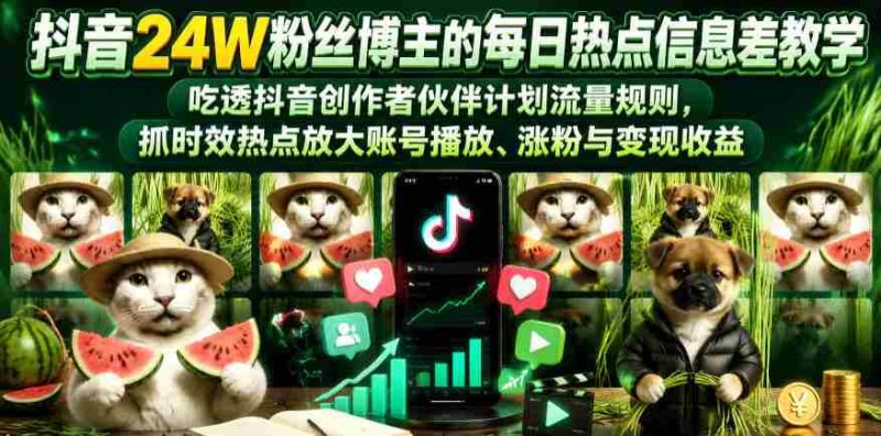 抖音24W粉丝博主的每日热点信息差教学，吃透创作者伙伴计划流量规则，抓时效热点放大账号播放、涨粉与变现收益-金启创业网 - 网上赚钱方法教程大全 - www.jinqi6.top
