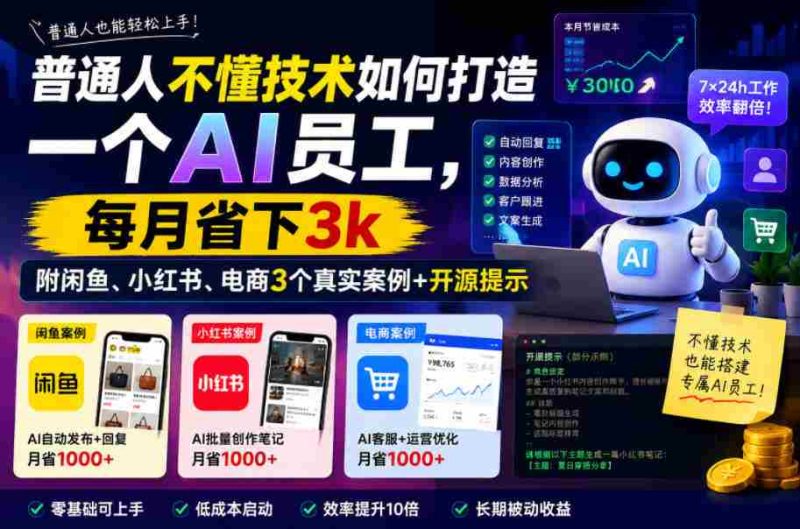 普通人不懂技术如何打造一个AI员工,每月省下3k,附闲鱼、小红书、电商3个真实案例+开源提示【文档】-金启创业网 - 网上赚钱方法教程大全 - www.jinqi6.top