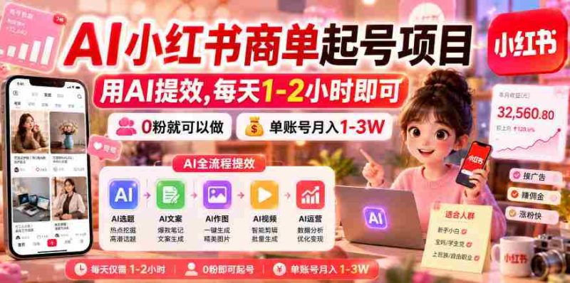 AI小红书商单起号项目,用AI提效,每天1-2小时即可,0粉就可以做,单账号月入1-3W-金启创业网 - 网上赚钱方法教程大全 - www.jinqi6.top
