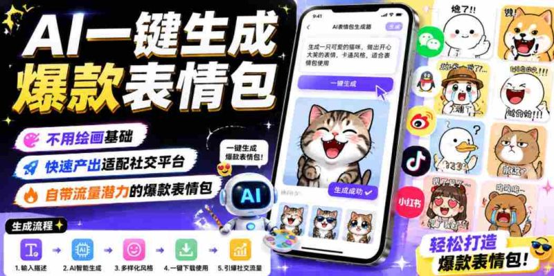 AI一键生成爆款表情包，不用绘画基础，快速产出适配社交平台，自带流量潜力的爆款表情包-金启创业网 - 网上赚钱方法教程大全 - www.jinqi6.top