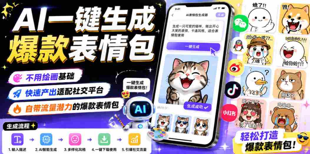 AI一键生成爆款表情包，不用绘画基础，快速产出适配社交平台，自带流量潜力的爆款表情包-金启创业网 - 网上赚钱方法教程大全 - www.jinqi6.top