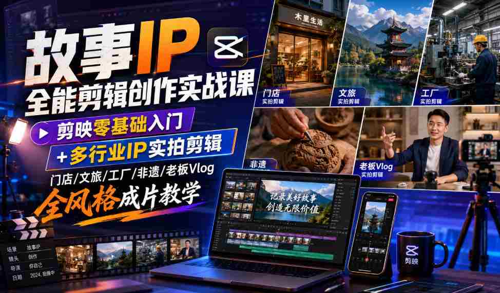 故事IP全能剪辑创作实战课｜剪映零基础入门+多行业IP实拍剪辑，门店/文旅/工厂/非遗/老板Vlog全风格成片教学-金启创业网 - 网上赚钱方法教程大全 - www.jinqi6.top