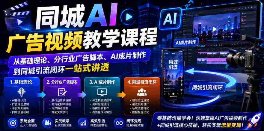 同城AI广告视频教学课程，从基础理论、分行业广告脚本、AI成片制作到同城引流闭环一站式讲透-金启创业网 - 网上赚钱方法教程大全 - www.jinqi6.top