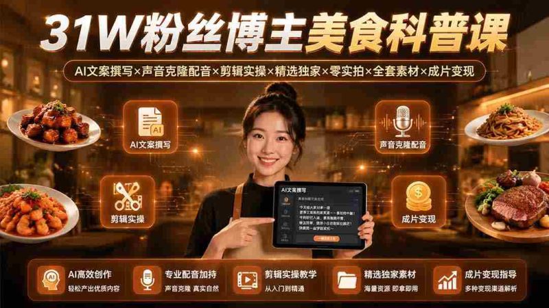 （19558期）31W粉丝博主美食科普课：AI文案撰写×声音克隆配音×剪辑实操×精选独家×零实拍×全套素材×成片变现-金启创业网 - 网上赚钱方法教程大全 - www.jinqi6.top