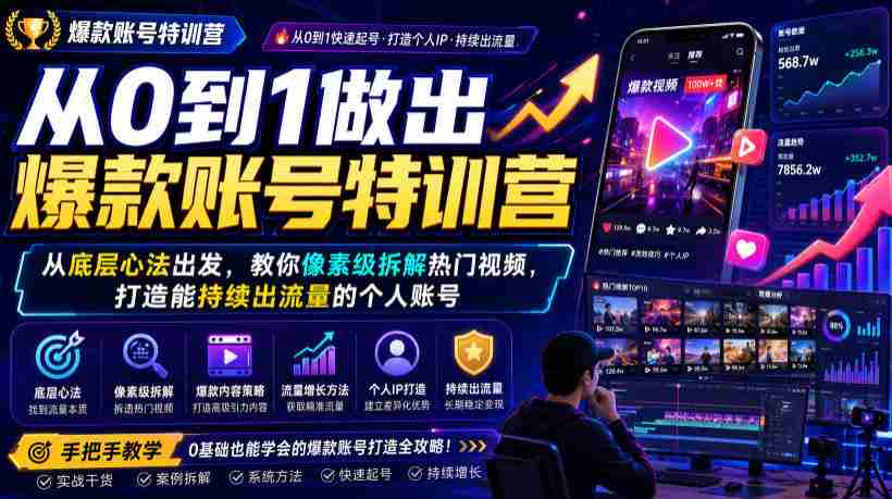 从0到1做出爆款账号特训营，从底层心法出发，教你像素级拆解热门视频，打造能持续出流量的个人账号-金启创业网 - 网上赚钱方法教程大全 - www.jinqi6.top